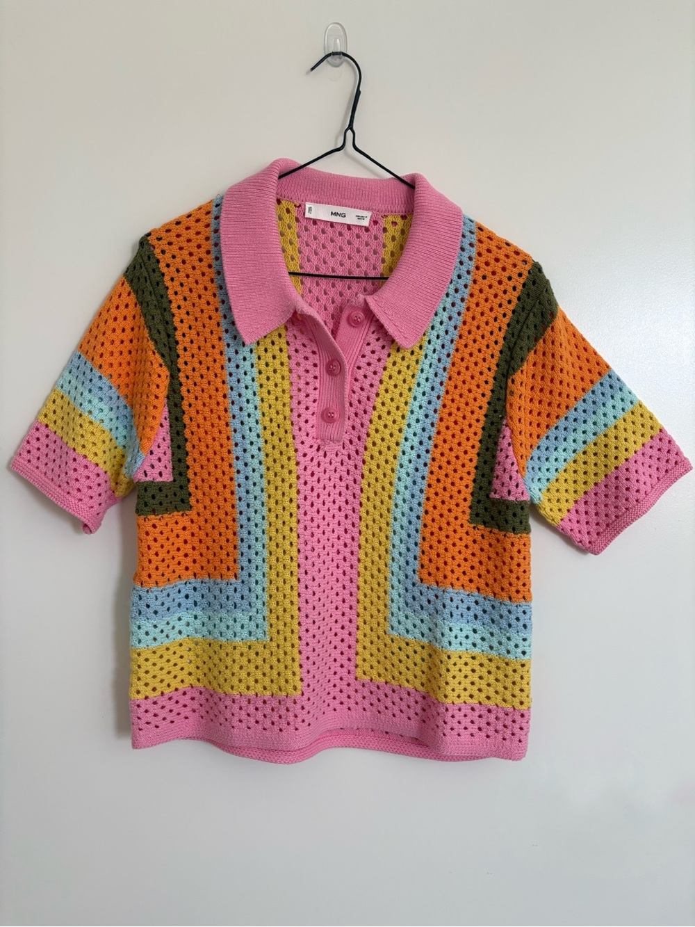 Mango Babylon Colorblock Open Stitch Cotton Polo Sweater